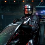 RoboCop: Rogue City - Alex Murphy empuñando su pistola Auto-9 junto a un coche patrulla en las calles de Detroit