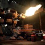 RoboCop: Rogue City - Alex Murphy disparando fuego con su Auto-9 en un almacén de Detroit