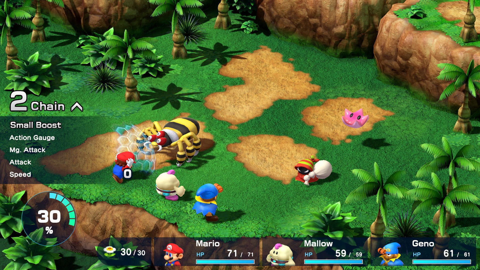 Super Mario RPG - combate por turnos con Mario y sus aliados