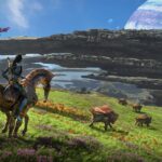 Avatar: Frontiers of Pandora - Na'vi montando un direhorse con Polifemo en el cielo de fondo