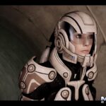 Mass Effect 2 - Shepard con armadura blanca y casco dentro de un túnel