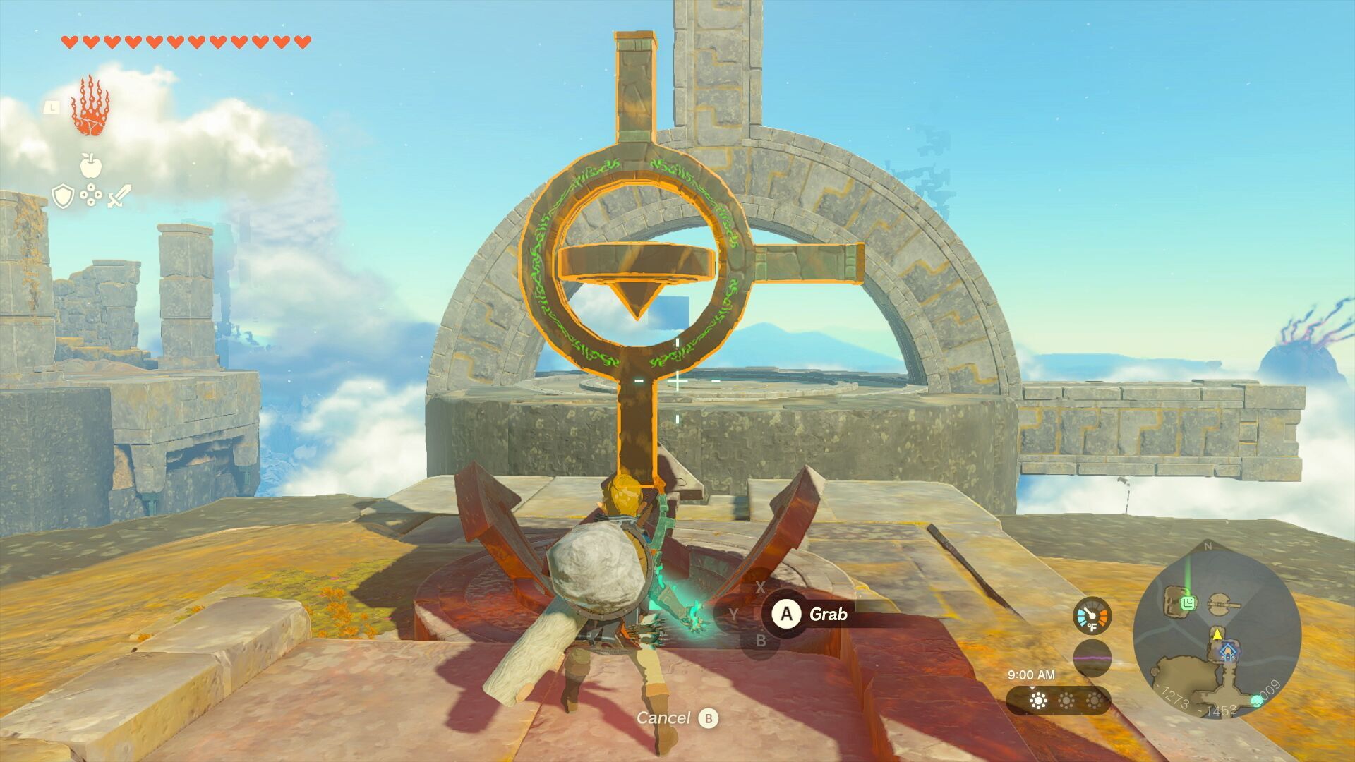 Zelda Tears of the Kingdom - Link construyendo una estructura Zonai en las islas del cielo