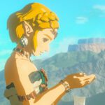 Zelda: Tears of the Kingdom - Zelda sosteniendo una semilla Kolog frente a paisaje de Hyrule