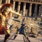 Assassin's Creed Odyssey - combate cuerpo a cuerpo entre Kassandra y guerreros acorazados en una escalinata griega