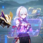 Honkai: Star Rail - personaje con equipo futurista sujetando una máscara ceremonial junto a una interfaz holográfica de combate