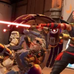 Star Wars Hunters - duelo con sable láser entre dos personajes en la arena de combate