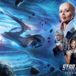 Star Trek Online - arte oficial de la expansión Stormfall con una nave de flota y la tripulación principal