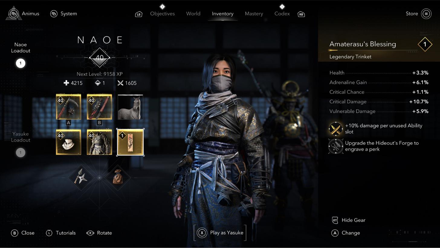 Assassin's Creed Shadows - Pantalla de equipamiento e inventario de Naoe - Juegosrpg.com