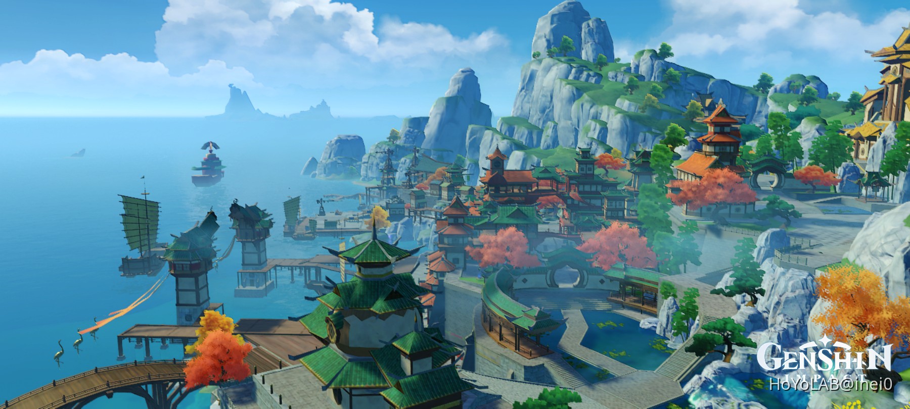 Genshin Impact - Puerto de Liyue Harbor con vistas al mar y las montañas - Juegosrpg.com
