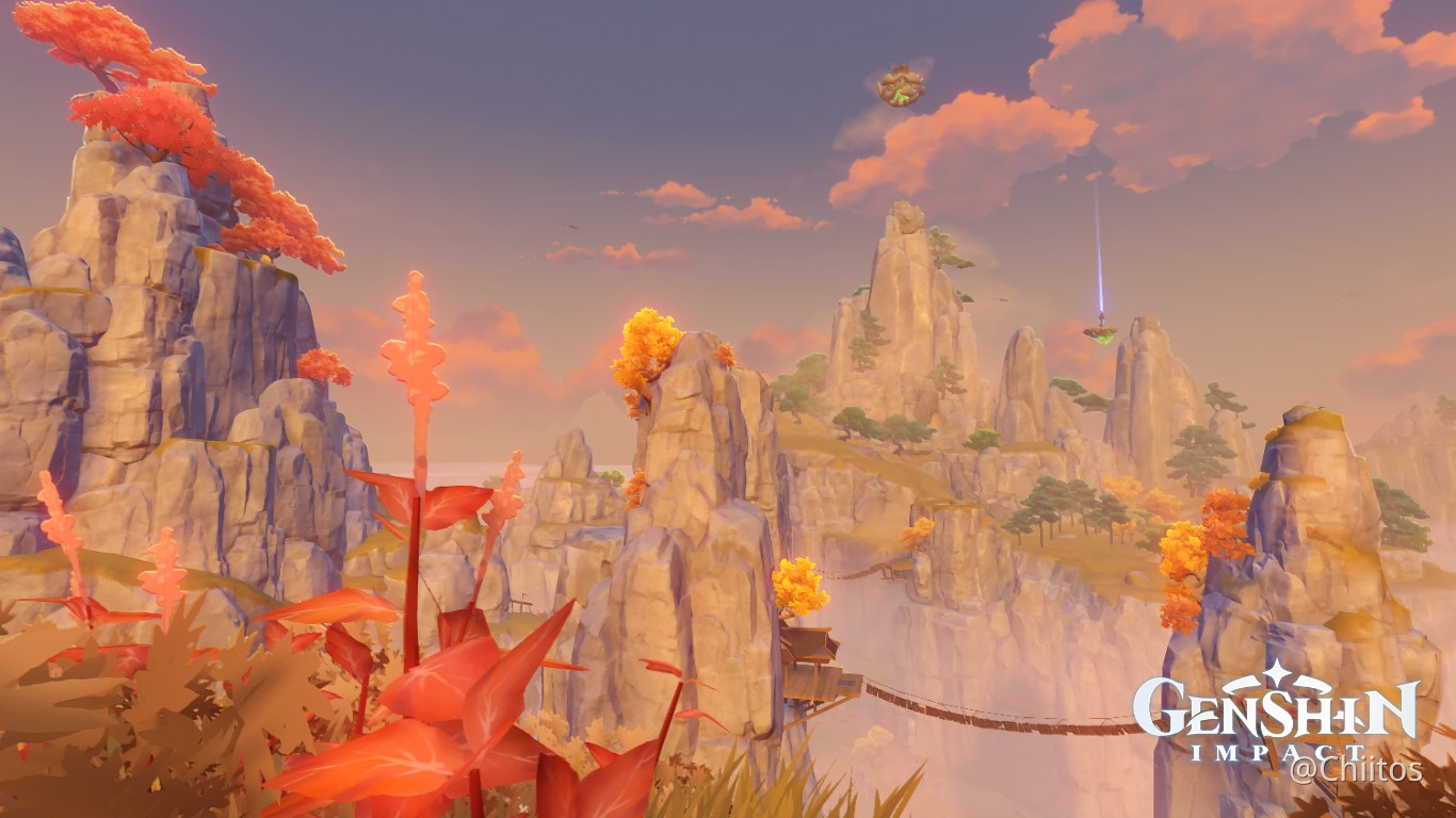 Genshin Impact - Paisaje de Liyue con sus formaciones rocosas características - Juegosrpg.com