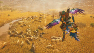 Monster Hunter Wilds - Cazador enfrentándose a un monstruo en el desierto - Juegosrpg.com