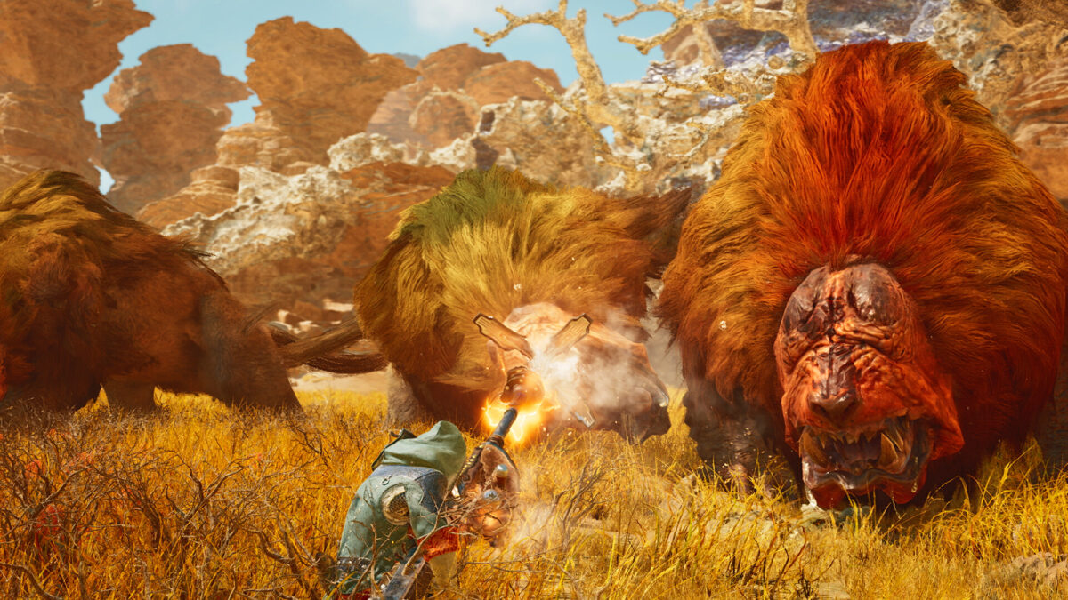 Monster Hunter Wilds - Un cazador cabalgando su montura por las Llanuras Escarlata - Juegosrpg.com