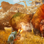 Monster Hunter Wilds - Un cazador cabalgando su montura por las Llanuras Escarlata - Juegosrpg.com