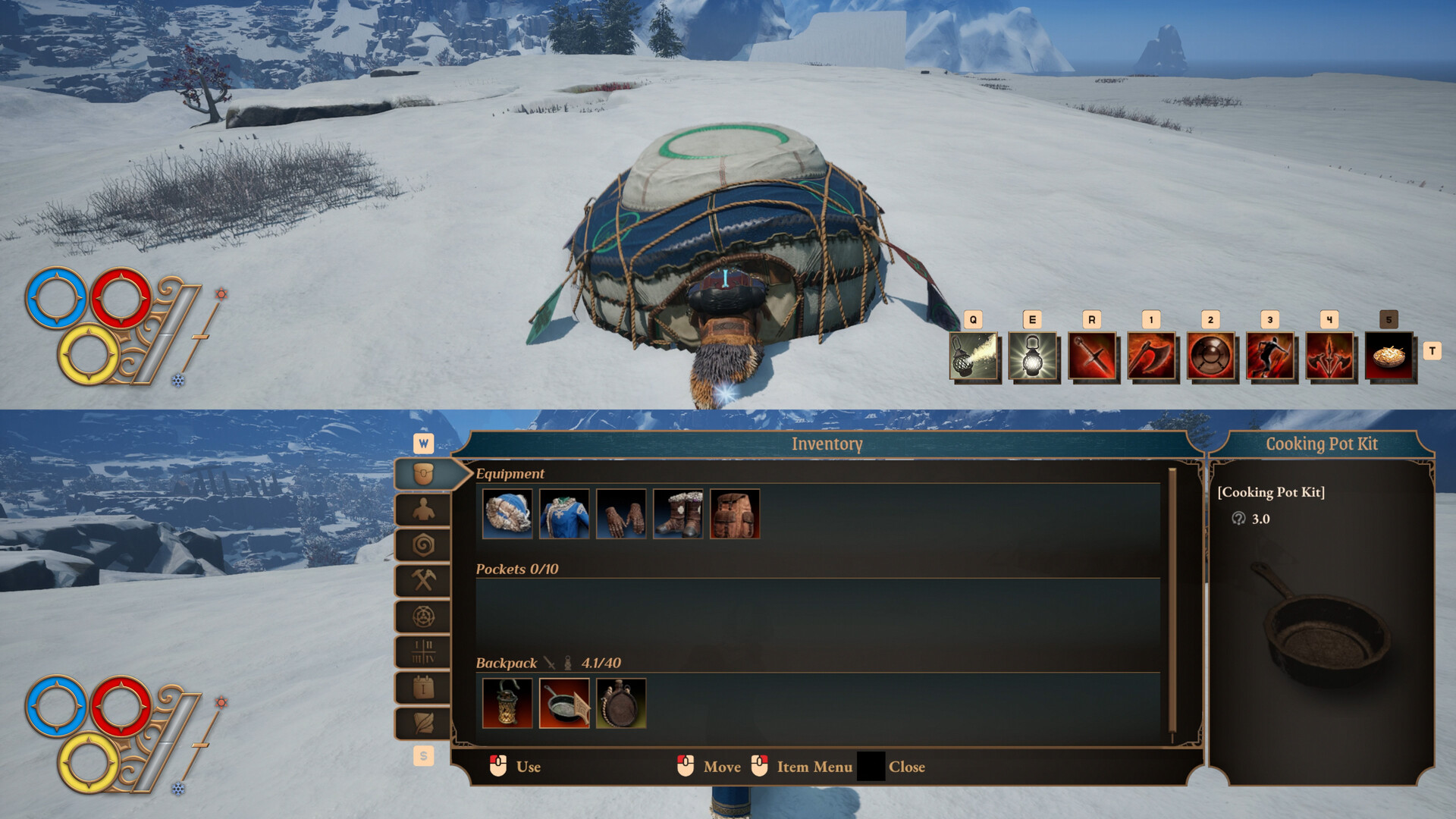 Outward 2 - Personaje en entorno nevado con inventario abierto - Juegosrpg.com