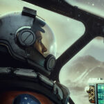 Starfield - piloto con traje espacial observando un planeta desde la cabina de su nave