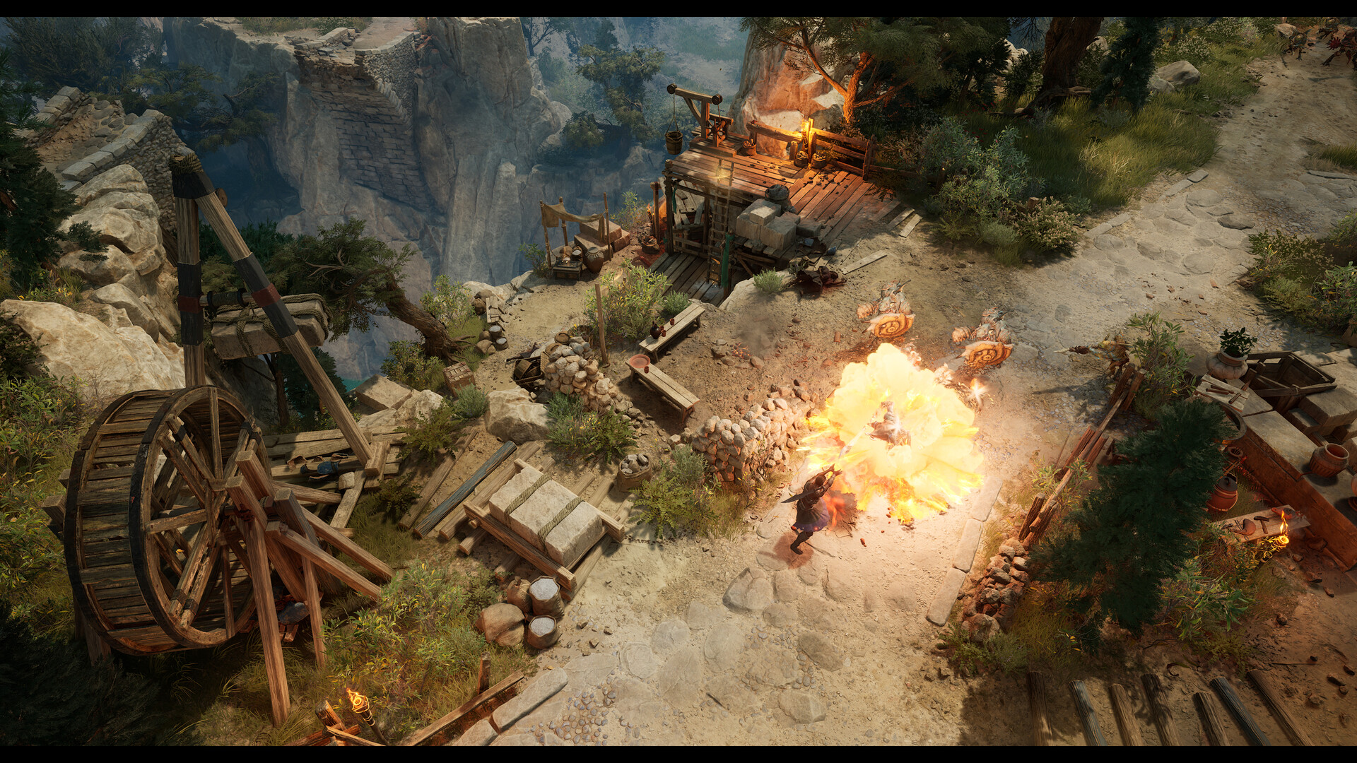 Titan Quest II - Santuario en la montaña con el personaje explorando - Juegosrpg.com