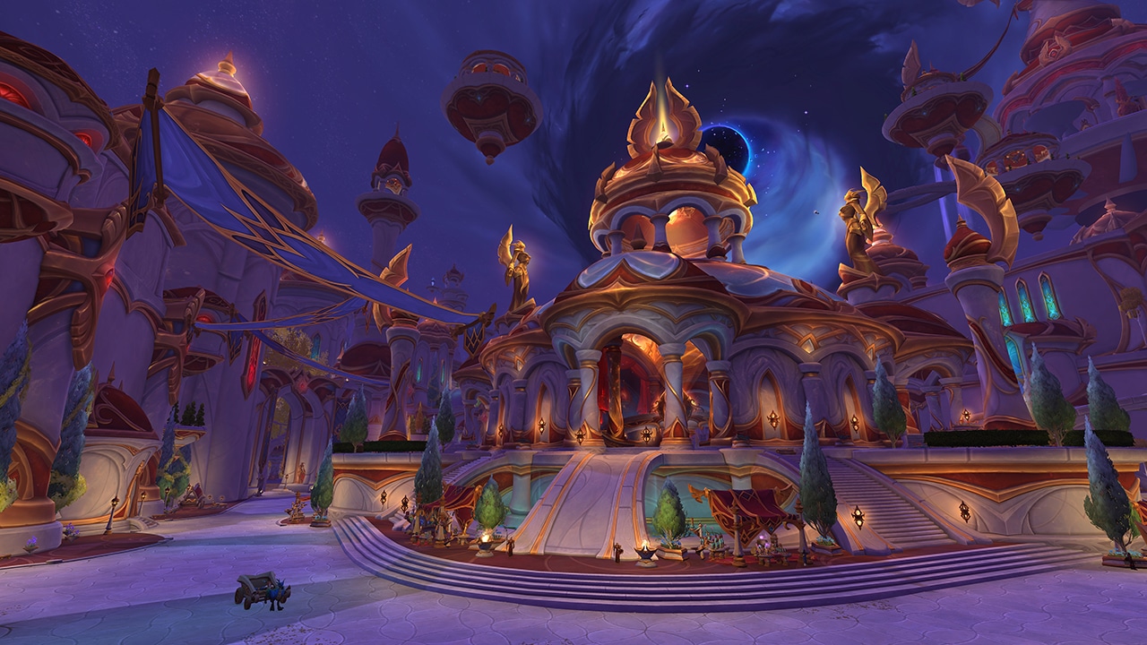 World of Warcraft Midnight - Ciudad de Lunargenta con la Luna Negra en el cielo - Juegosrpg.com