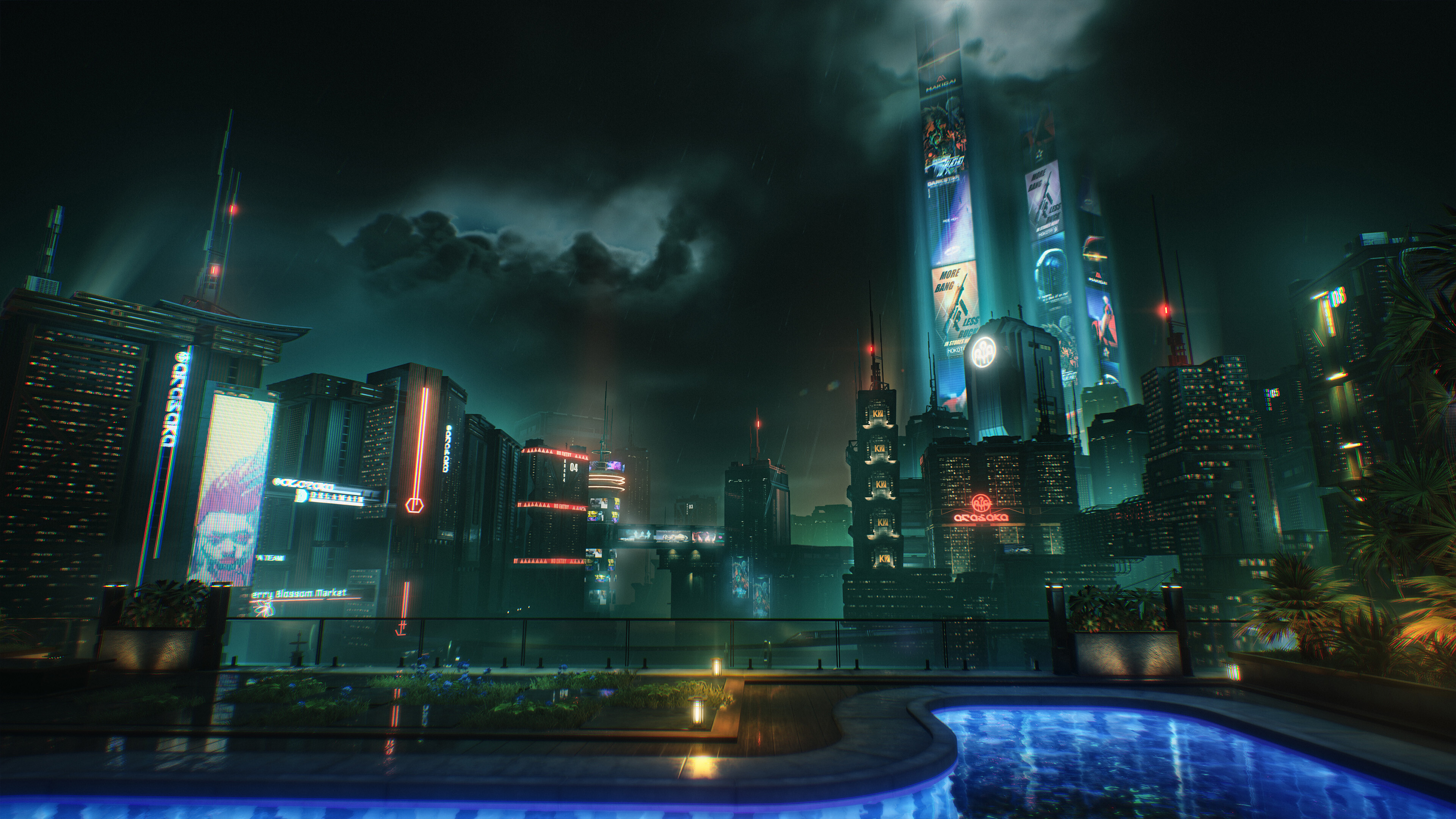 Wuthering Waves - Ciudad cyberpunk nocturna con rascacielos iluminados en Kjerag - Juegosrpg.com