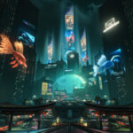 Wuthering Waves - Ciudad fantástica con peces luminosos gigantes sobrevolando los edificios - Juegosrpg.com