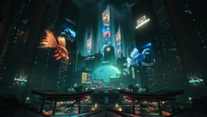 Wuthering Waves - Ciudad fantástica con peces luminosos gigantes sobrevolando los edificios - Juegosrpg.com