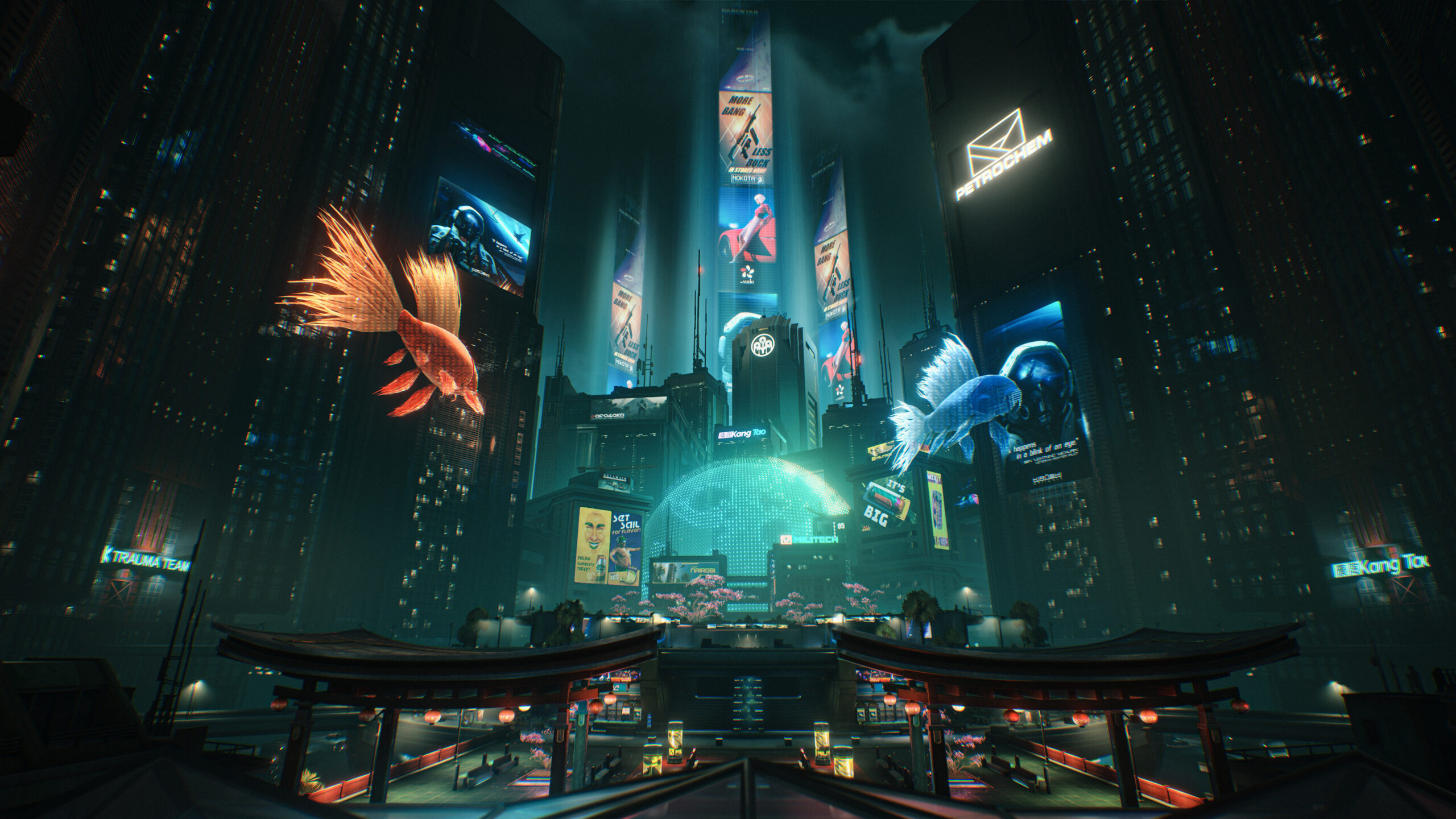 Wuthering Waves - Ciudad fantástica con peces luminosos gigantes sobrevolando los edificios - Juegosrpg.com