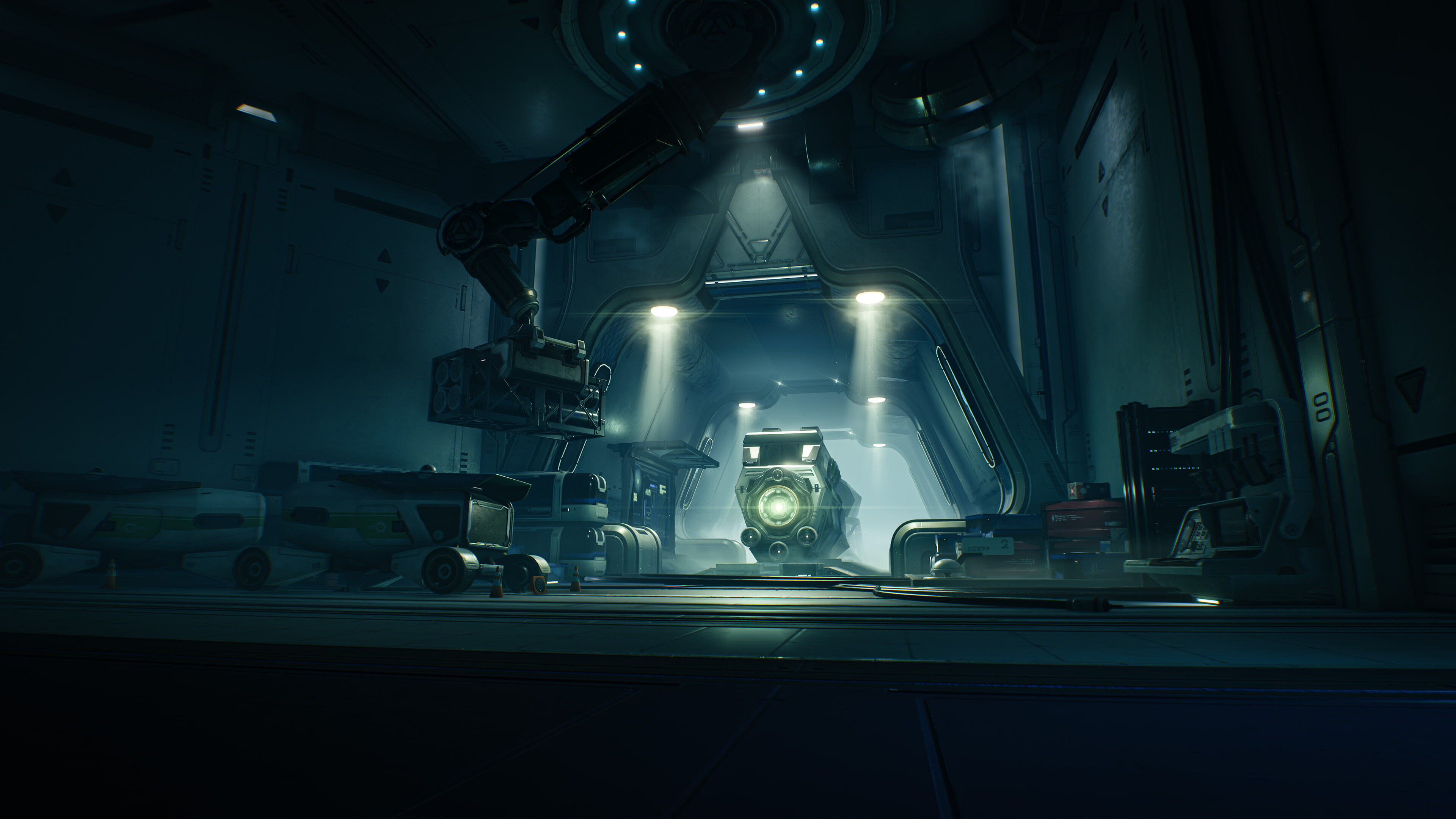 Wuthering Waves - Interior de hangar tecnológico con maquinaria avanzada - Juegosrpg.com