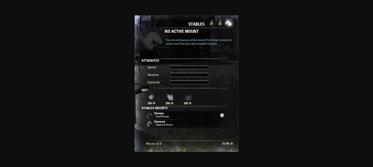 The Elder Scrolls Online - Menu de establos con las monturas guardadas y sus atributos