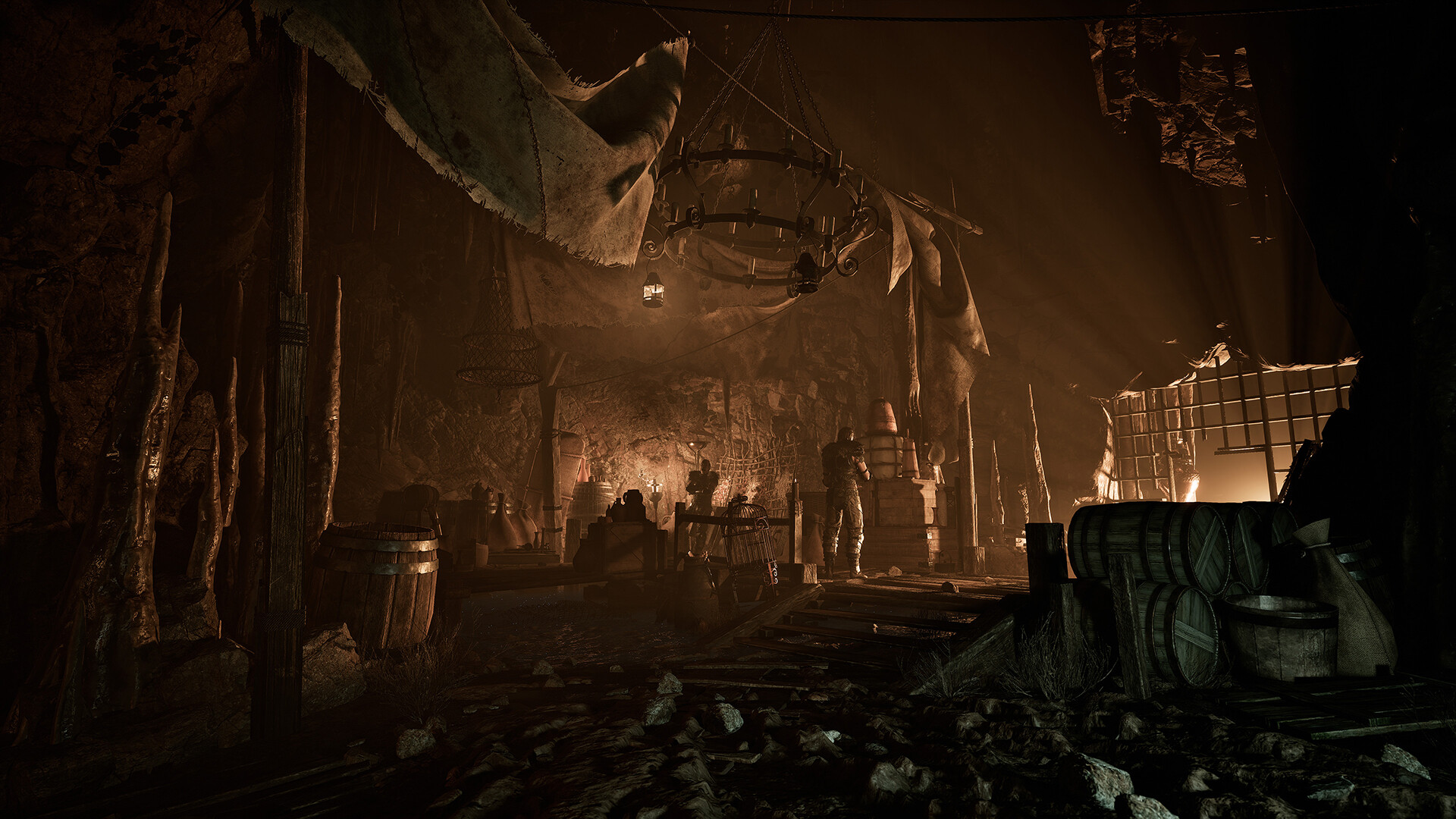 Gothic 1 Remake - Interior de las minas de mineral mágico iluminadas por antorchas - Juegosrpg.com