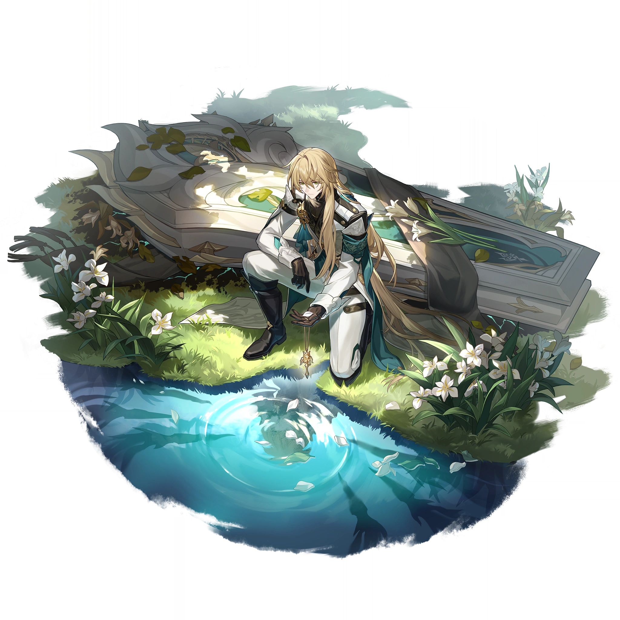 Honkai Star Rail - Luocha arrodillado junto a su ataúd en una escena de arte oficial