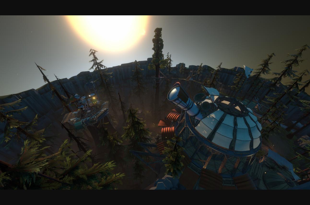 Outer Wilds - Amanecer sobre Timber Hearth con el observatorio en primer plano