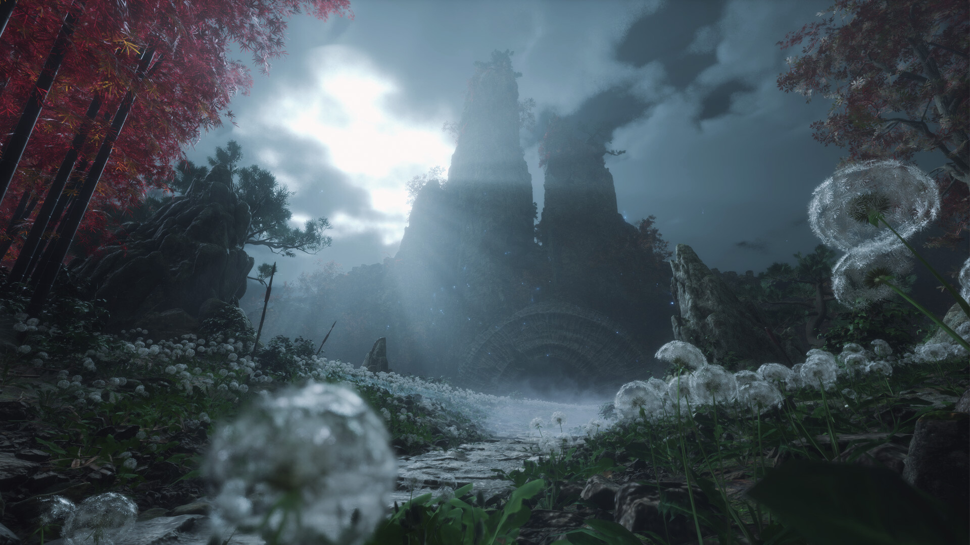 Wuchang: Fallen Feathers - la protagonista explorando un bosque en penumbra - Juegosrpg.com