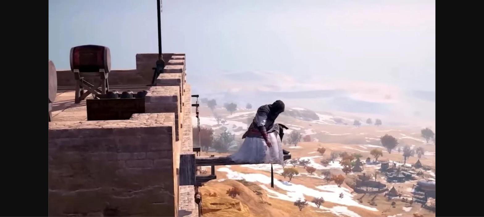 Xia observando un valle nevado desde la muralla en Assassin's Creed Jade