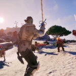 Avowed - Personaje avanzando con espada hacia varios enemigos en un paraje desertico - Juegosrpg.com