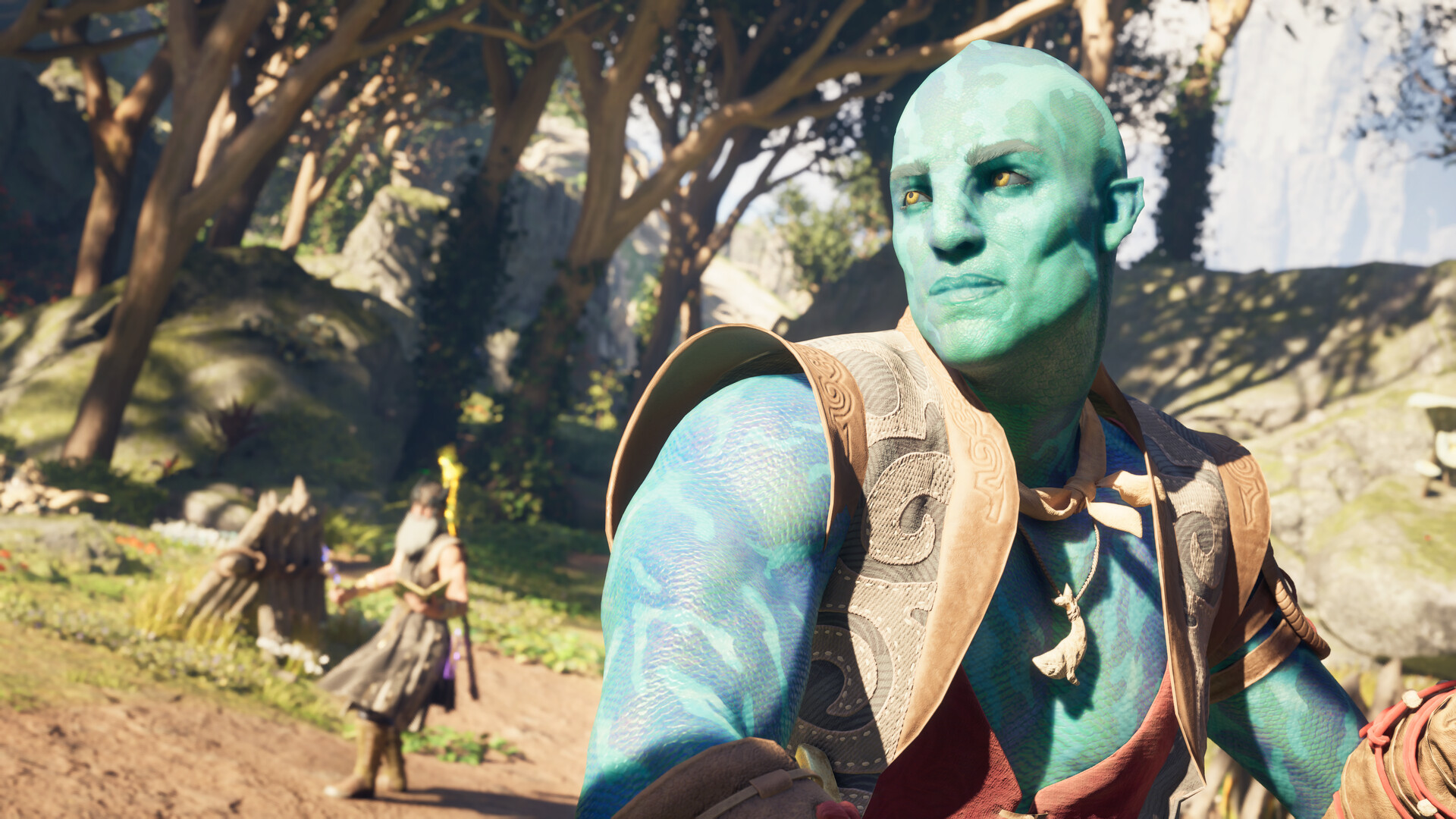 Avowed - Personaje de piel azulada conversando con un companero en un bosque - Juegosrpg.com