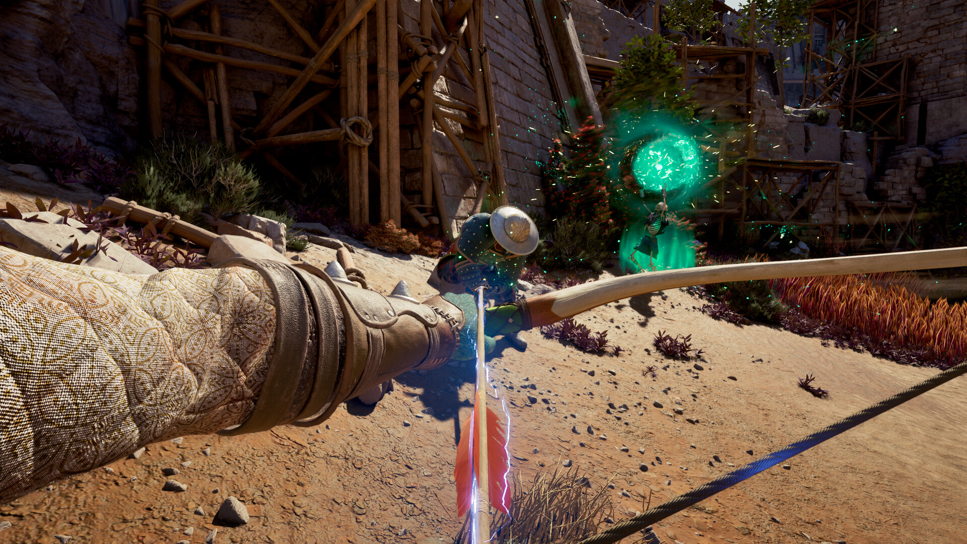 Avowed - vista en primera persona apuntando con un arco mágico a un enemigo espectral en PS5 - Juegosrpg.com