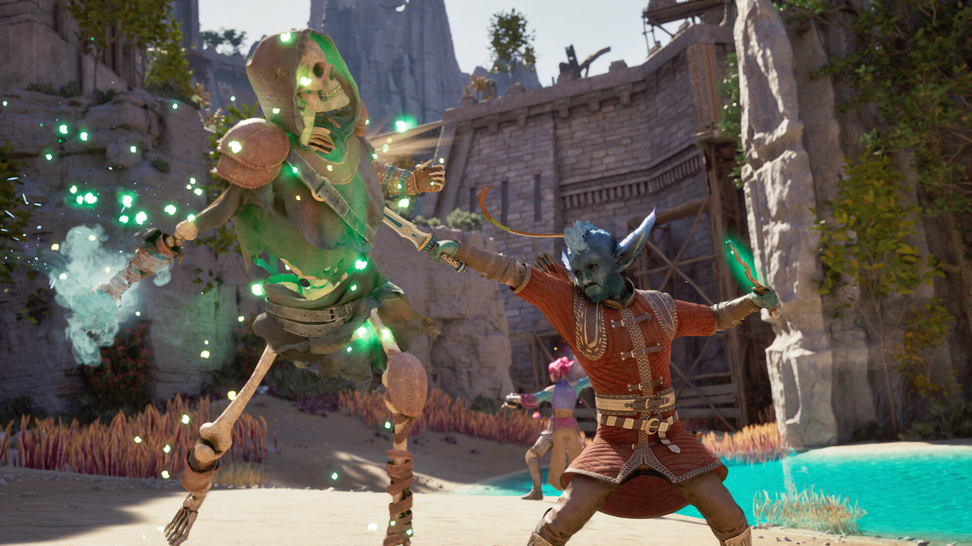 Avowed - una compañera lanza un hechizo de fuego frente a unas ruinas en PS5 - Juegosrpg.com
