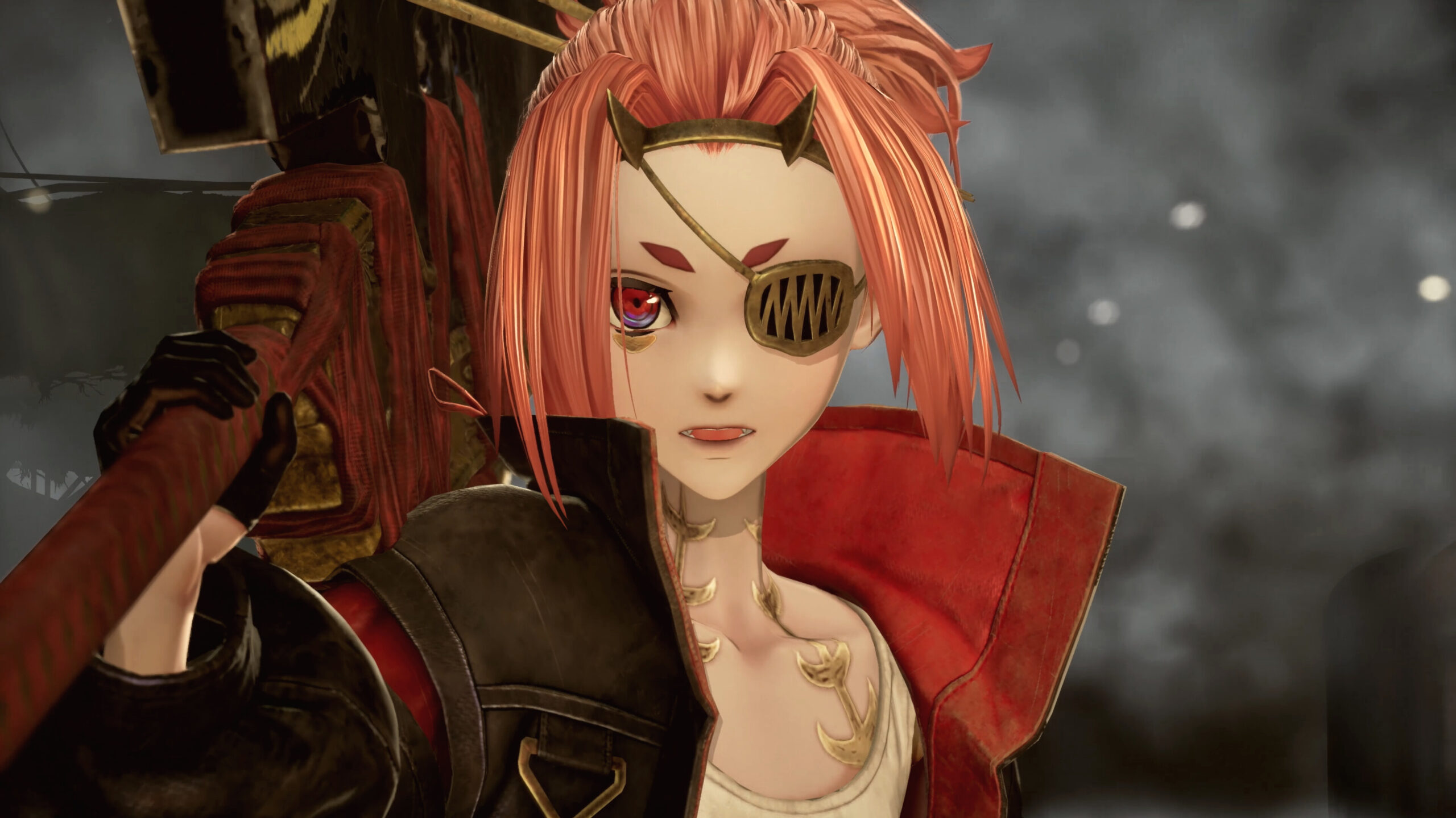 Code Vein II - companera con parche en el ojo sosteniendo un arma pesada - Juegosrpg.com