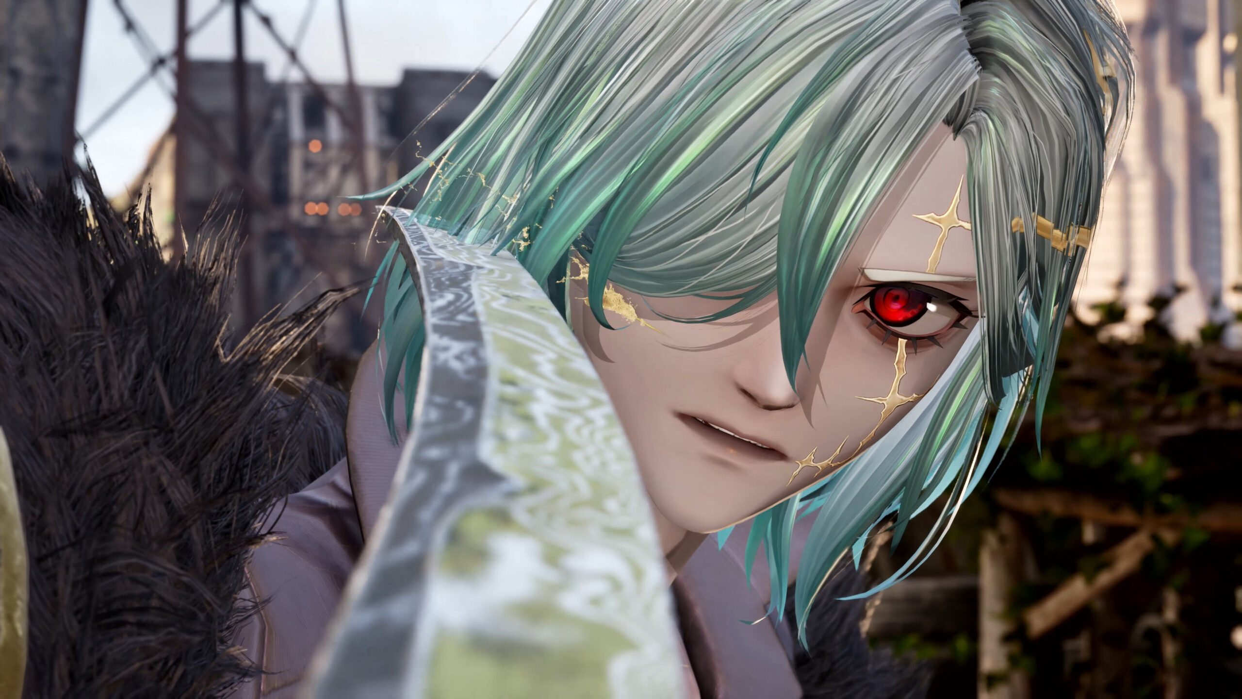 Code Vein II - personaje con pelo verde y cicatrices doradas sosteniendo una espada - Juegosrpg.com