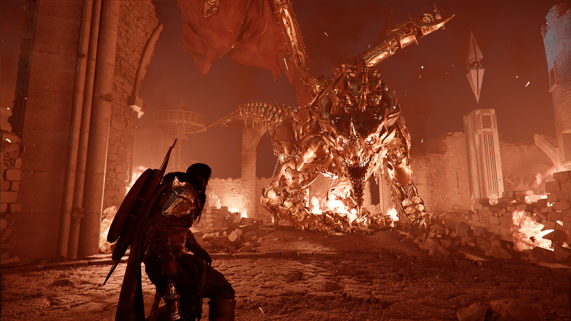 Crimson Desert - enfrentamiento contra un coloso mecánico entre ruinas en llamas - Juegosrpg.com