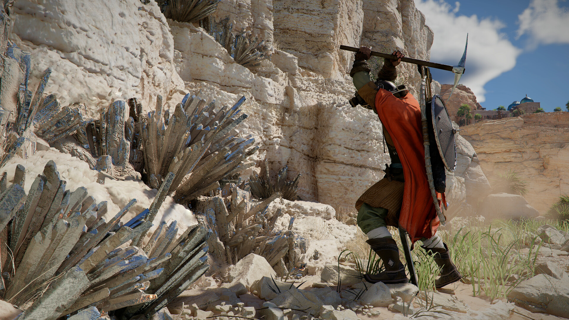 Crimson Desert - Kliff minando cristales raros con el pico en una cantera del desierto - Juegosrpg.com