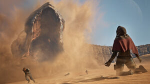 Dune: Awakening - Un gusano de arena emerge en Arrakis mientras el jugador huye - Juegosrpg.com