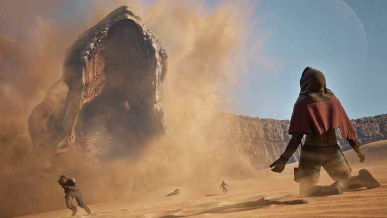 Dune: Awakening - Un gusano de arena emerge en Arrakis mientras el jugador huye - Juegosrpg.com