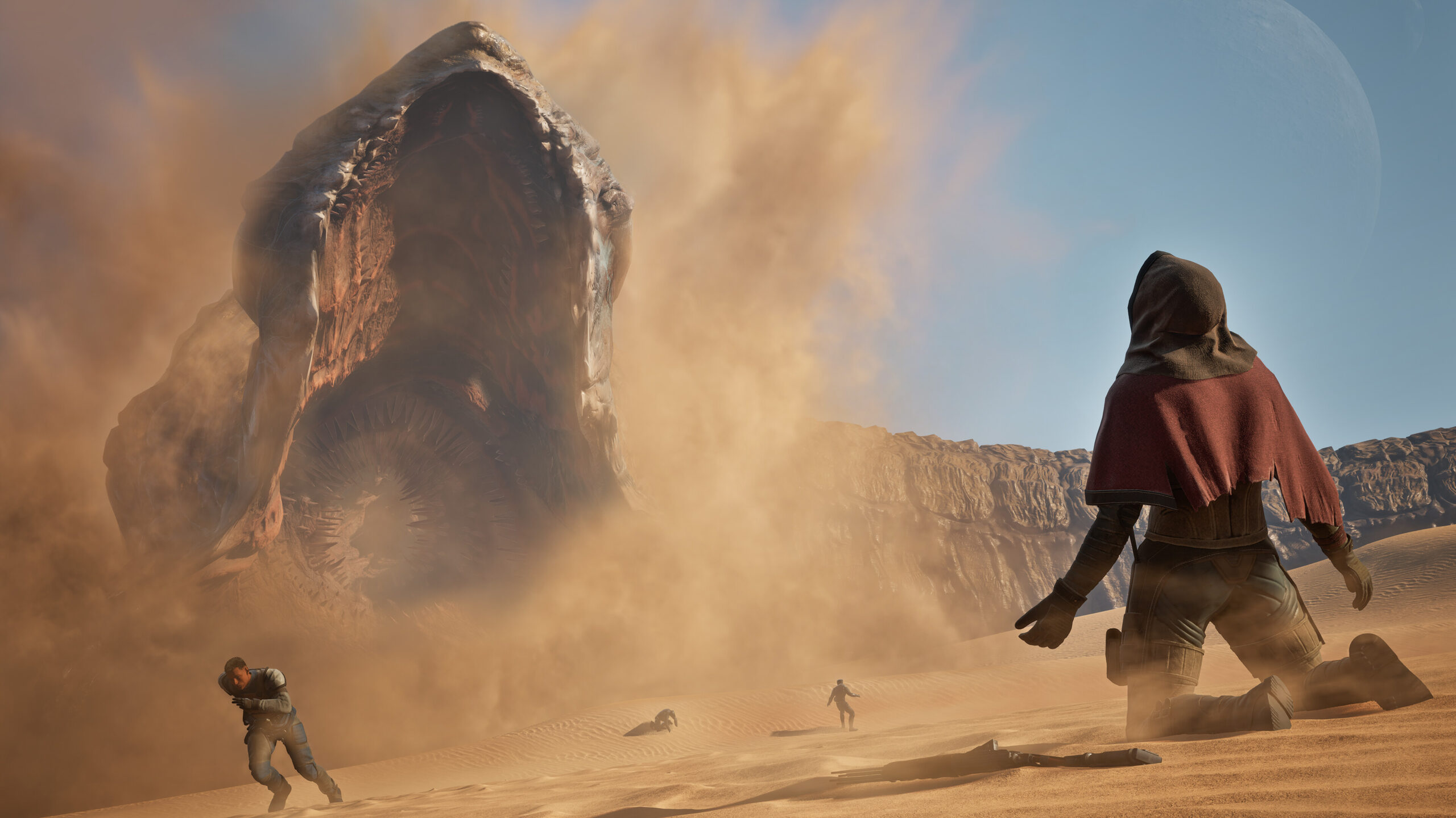 Dune: Awakening - Un gusano de arena emerge en Arrakis mientras el jugador huye - Juegosrpg.com