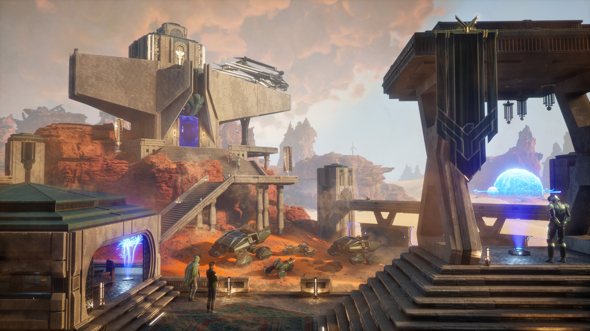 Dune: Awakening - gran salón de una facción con vistas a Arrakis - Juegosrpg.com