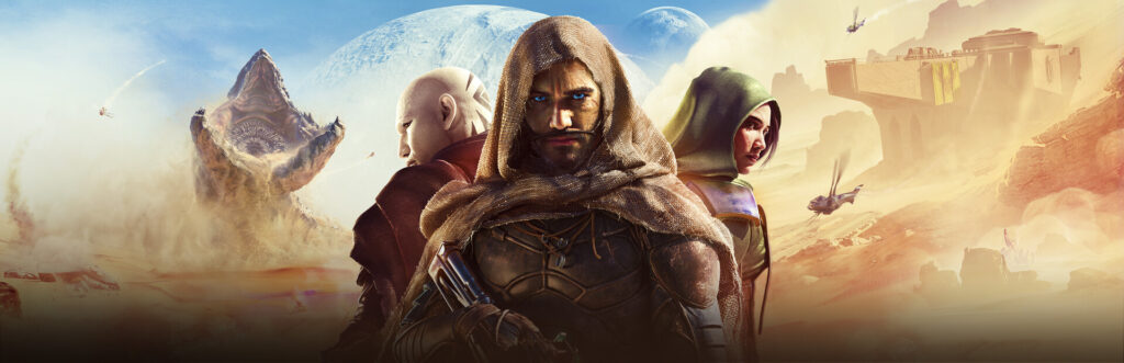 Dune: Awakening - arte oficial con los protagonistas y un gusano de arena en Arrakis - Juegosrpg.com