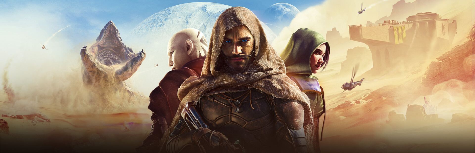 Dune: Awakening - arte oficial con los protagonistas y un gusano de arena en Arrakis - Juegosrpg.com
