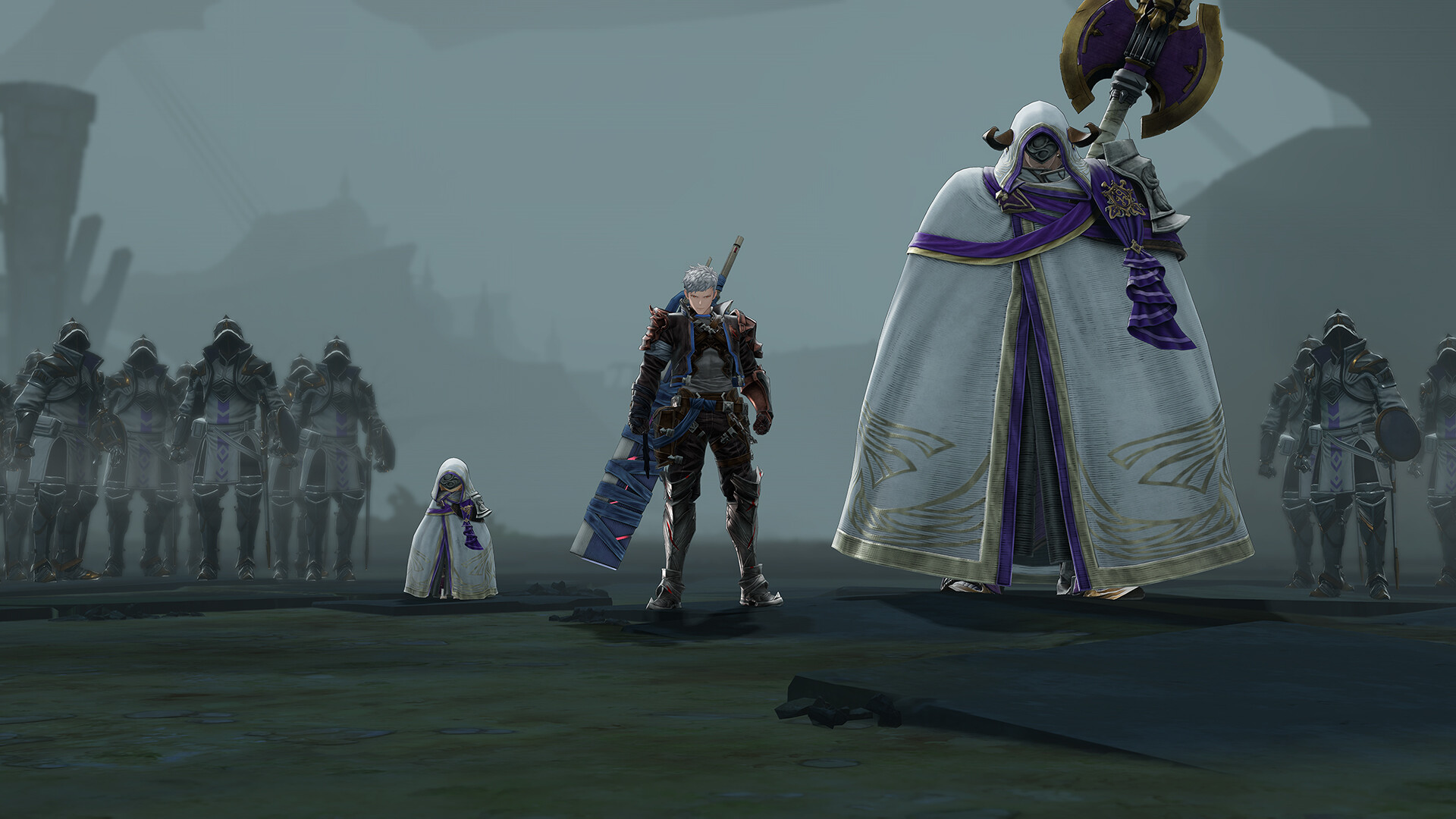 Granblue Fantasy: Relink - formación de soldados junto a un personaje de capa blanca - Juegosrpg.com