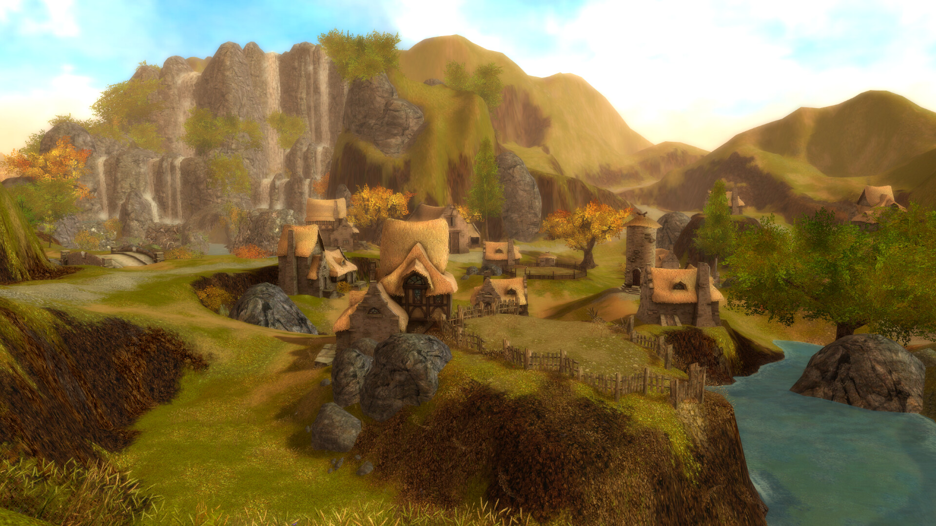 Guild Wars Reforged - Aldea junto a un rio y cascadas en una de las campañas - Juegosrpg.com