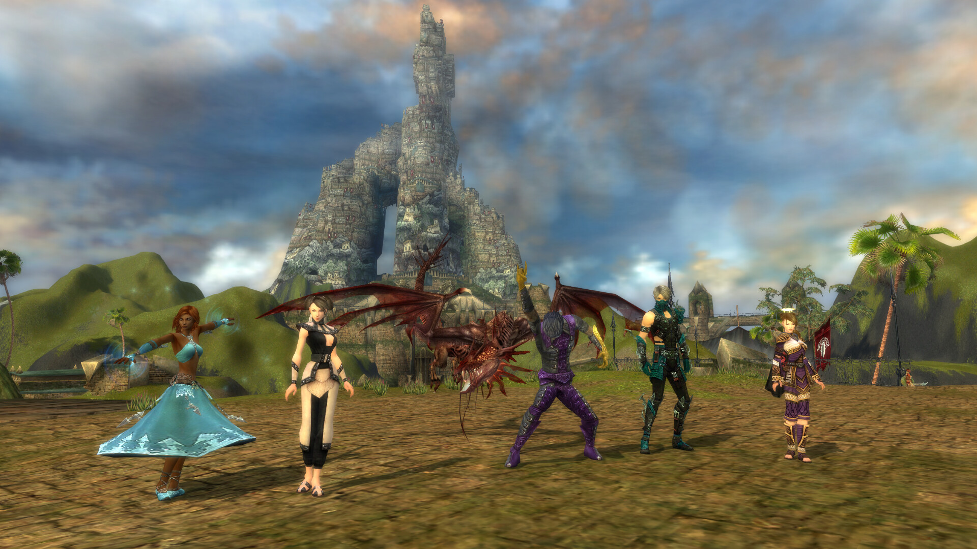 Guild Wars Reforged - Grupo de personajes frente a una torre y una criatura draconica - Juegosrpg.com