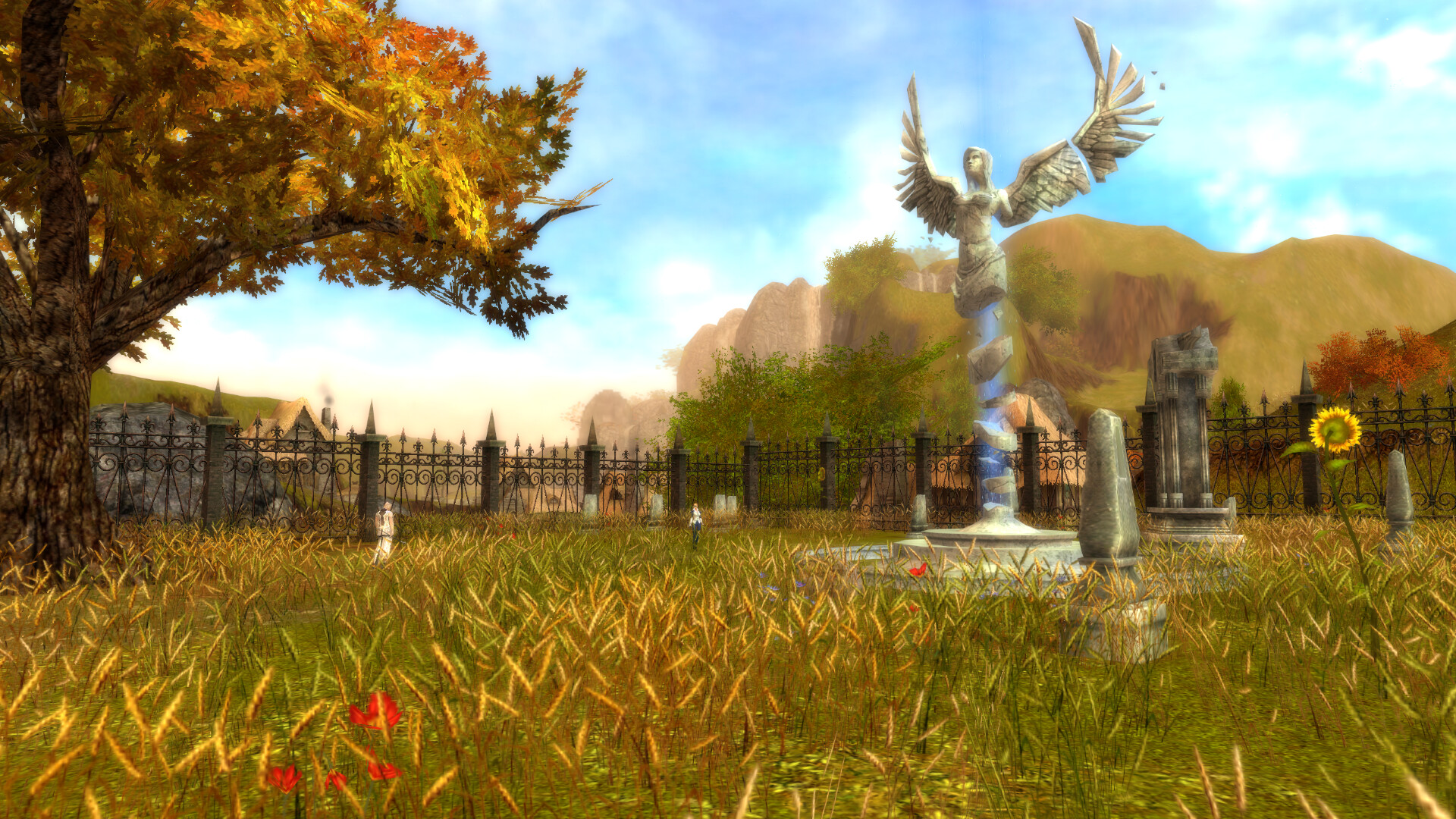 Guild Wars Reforged - Memorial con estatua de angel en un campo otoñal - Juegosrpg.com